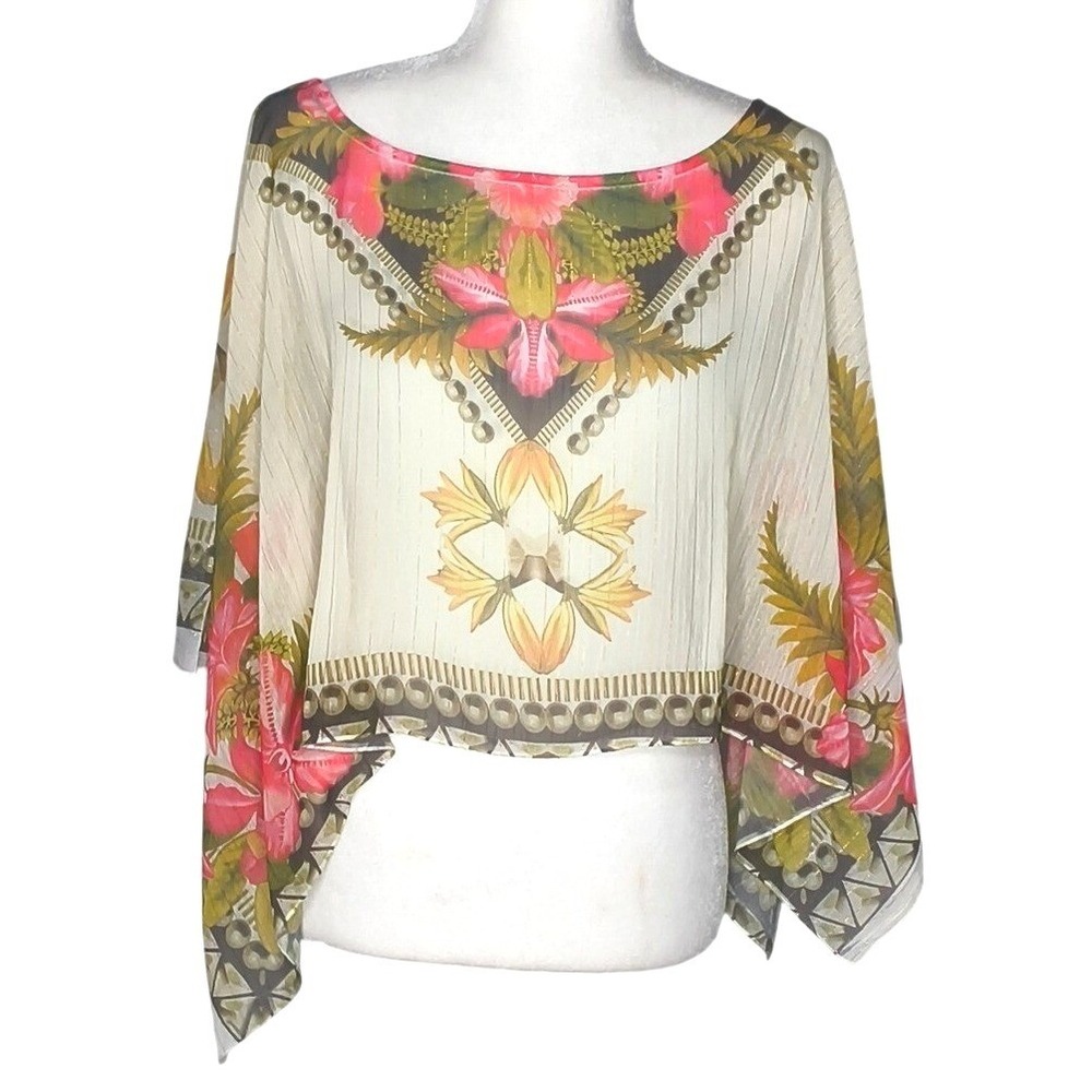 One World Poncho Top Women Large Cream Pink Excellent Floral Metallic Boho Fairy